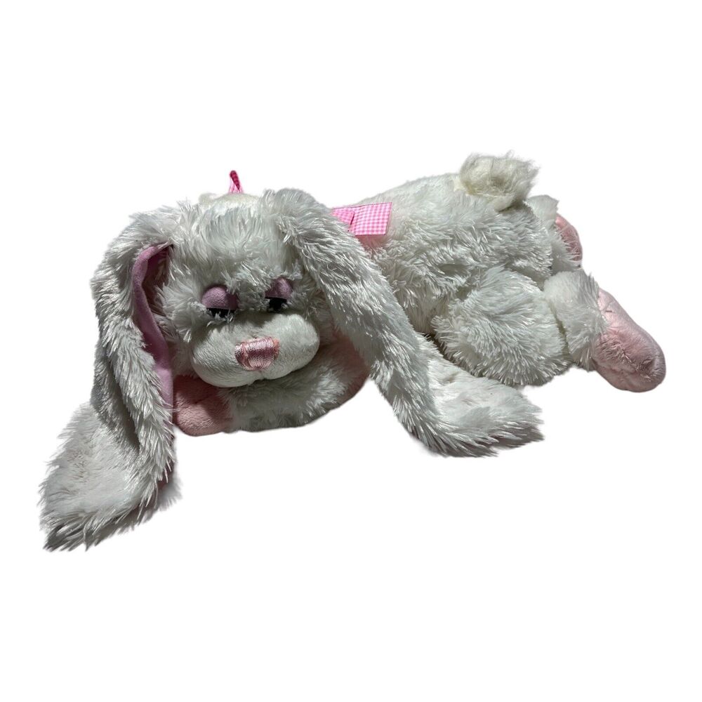 Kids Of America White Plush Bunny Laying Down Large Floppy Pink Bow Stuffed 2007